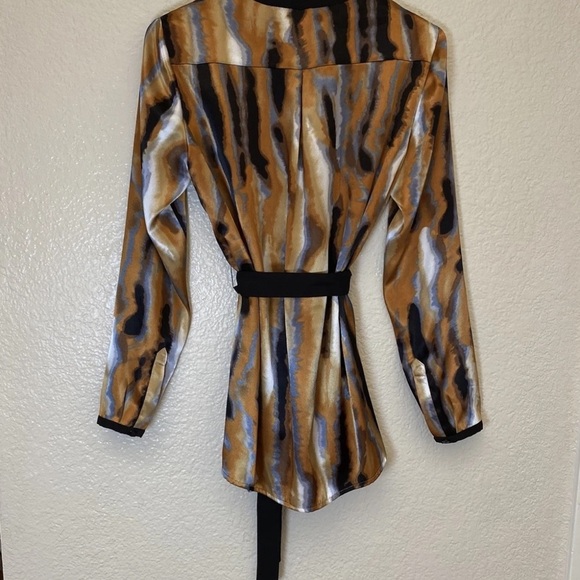 KASPER Size S Tunic Top Blouse Button Down Sash Belt Silky Feel Abstract Print - Picture 3 of 7